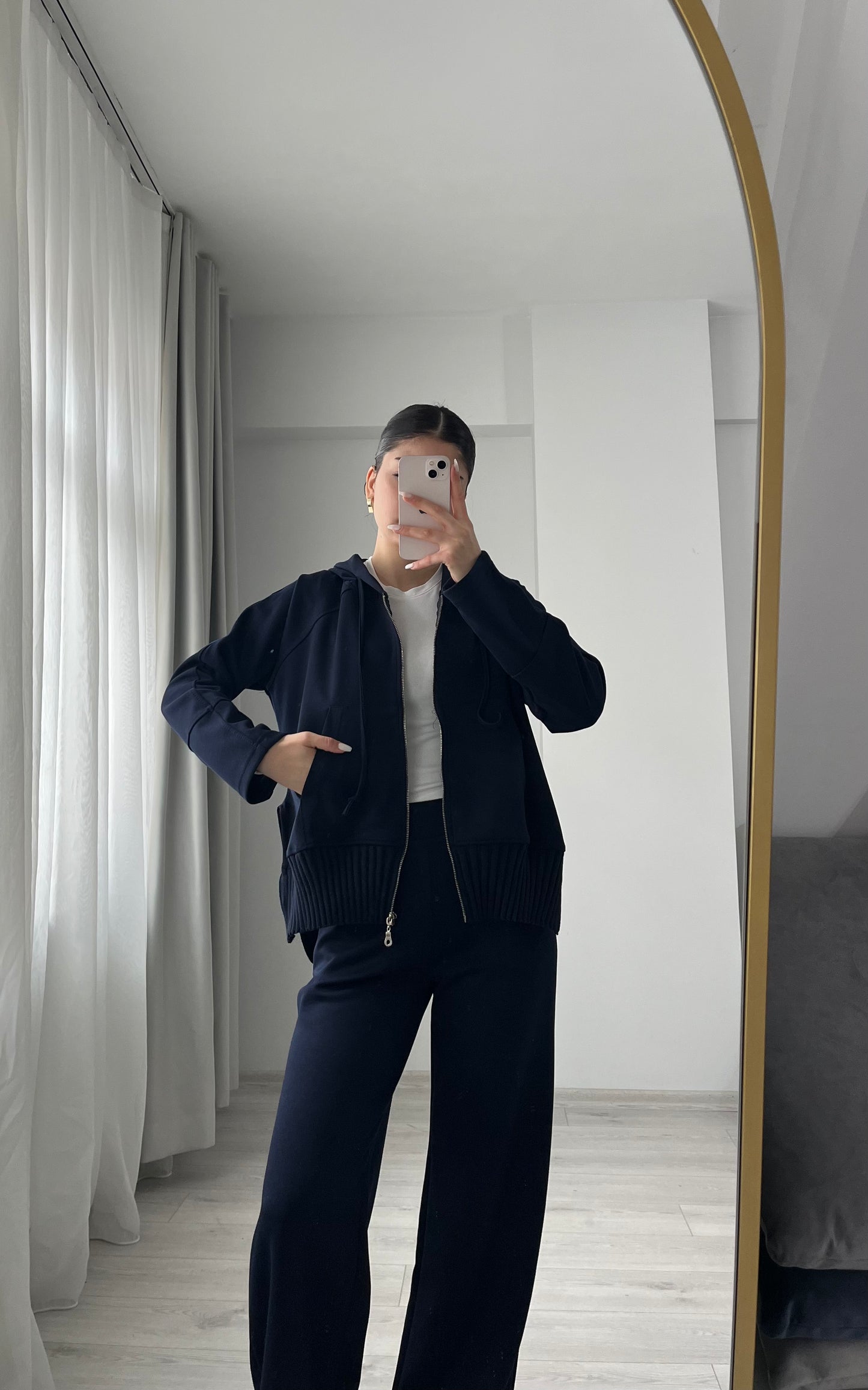 modal fabric hooded zipper jacket with knitted details - navy blue