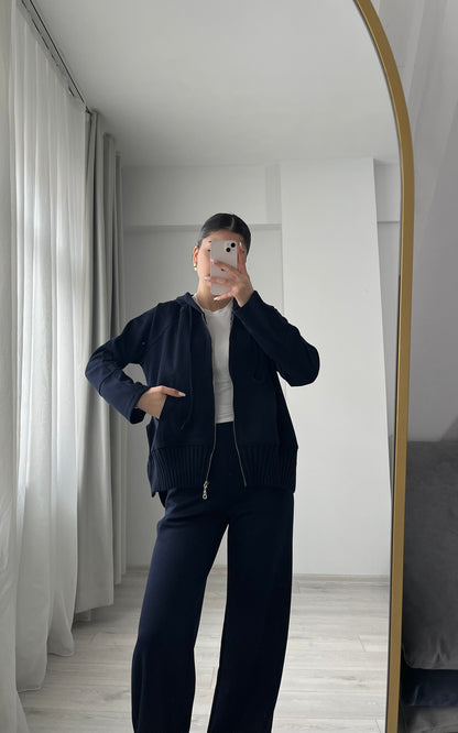 modal fabric hooded zipper jacket with knitted details - navy blue