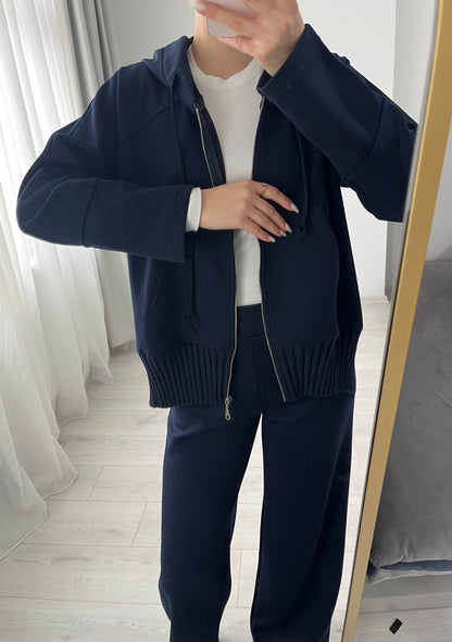 modal fabric hooded zipper jacket with knitted details - navy blue