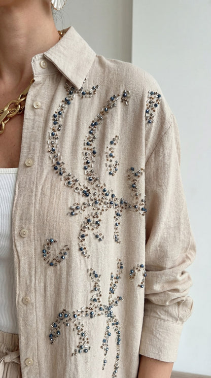 Beige Embellished with sewn rhinestones Relaxed Co-Ord Set