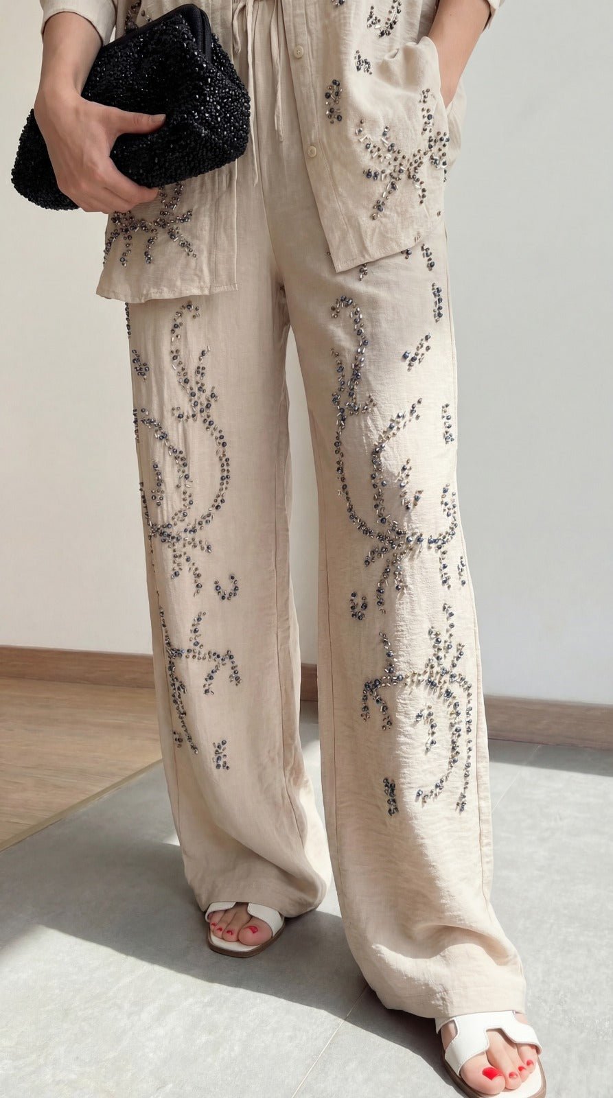 Beige Embellished with sewn rhinestones Relaxed Co-Ord Set
