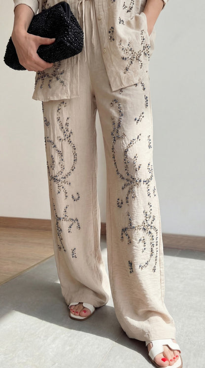 Beige Embellished with sewn rhinestones Relaxed Co-Ord Set