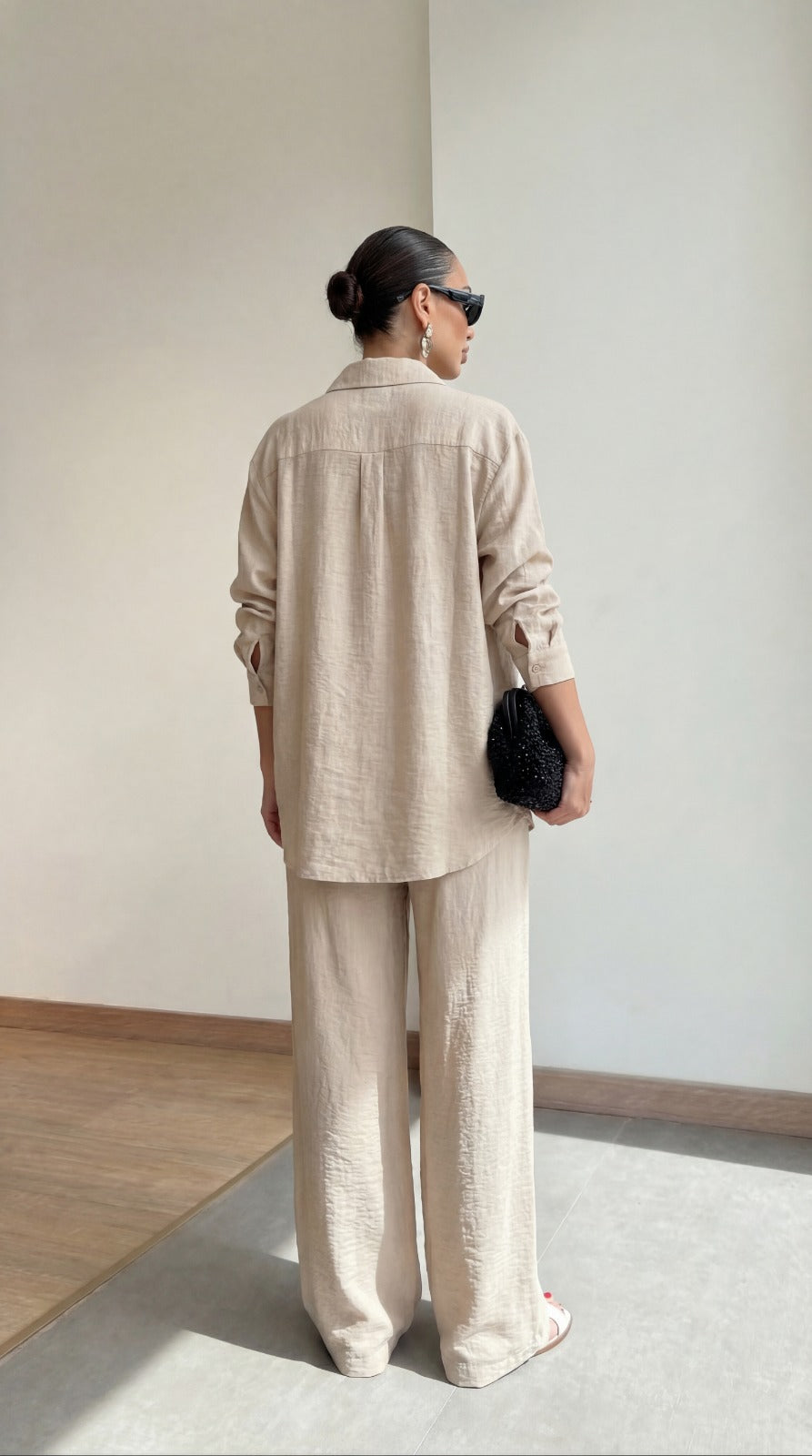 Beige Embellished with sewn rhinestones Relaxed Co-Ord Set