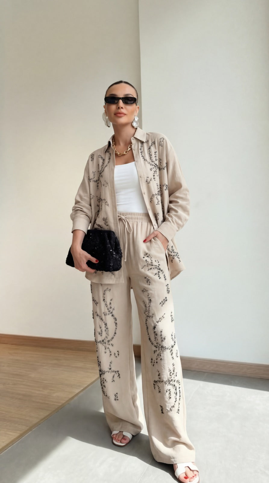 Beige Embellished with sewn rhinestones Relaxed Co-Ord Set