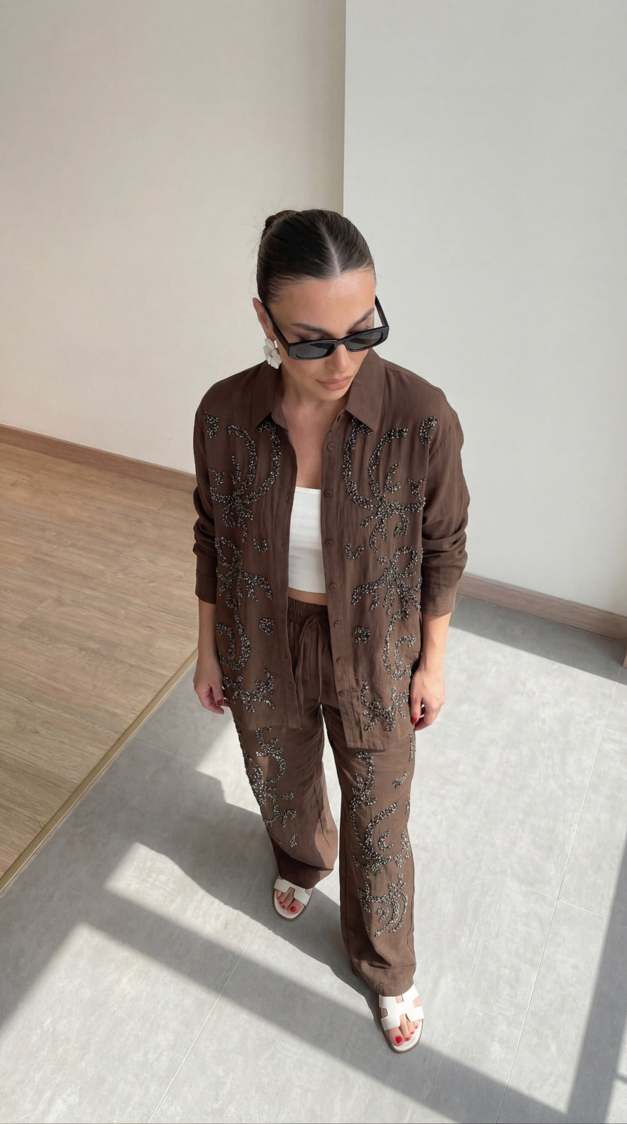 Brown Embellished with sewn rhinestones Relaxed Co-Ord Set