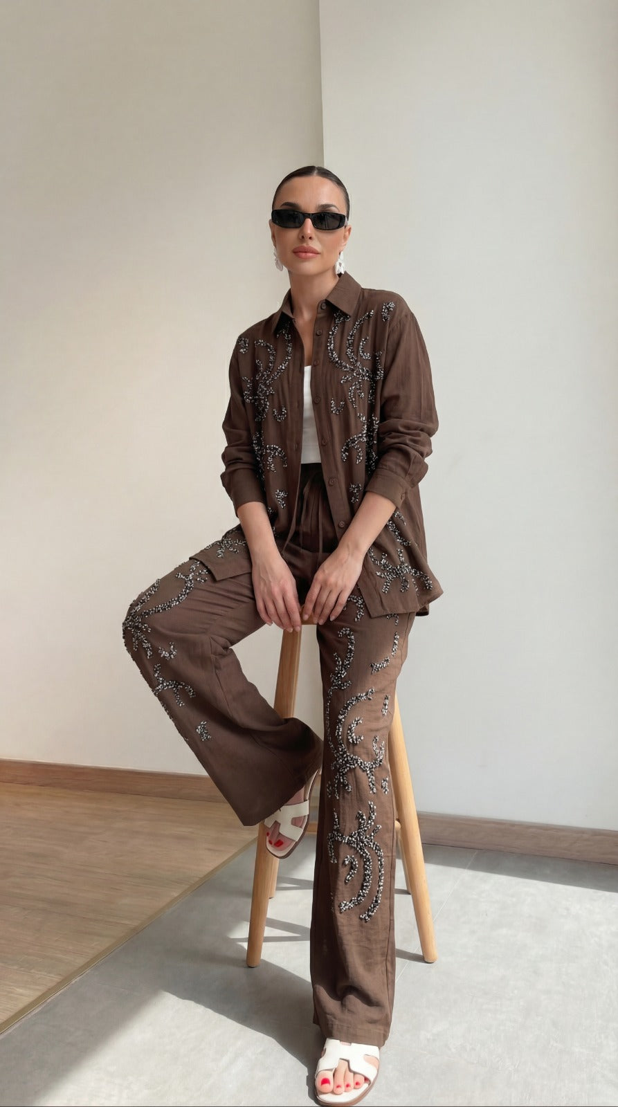 Brown Embellished with sewn rhinestones Relaxed Co-Ord Set