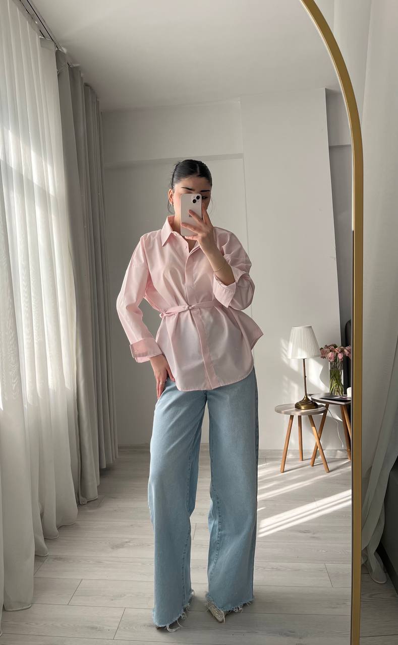 Dusty pink belt Detailed oversized women shirt