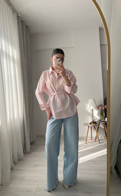 Dusty pink belt Detailed oversized women shirt