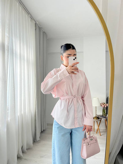 Dusty pink belt Detailed oversized women shirt