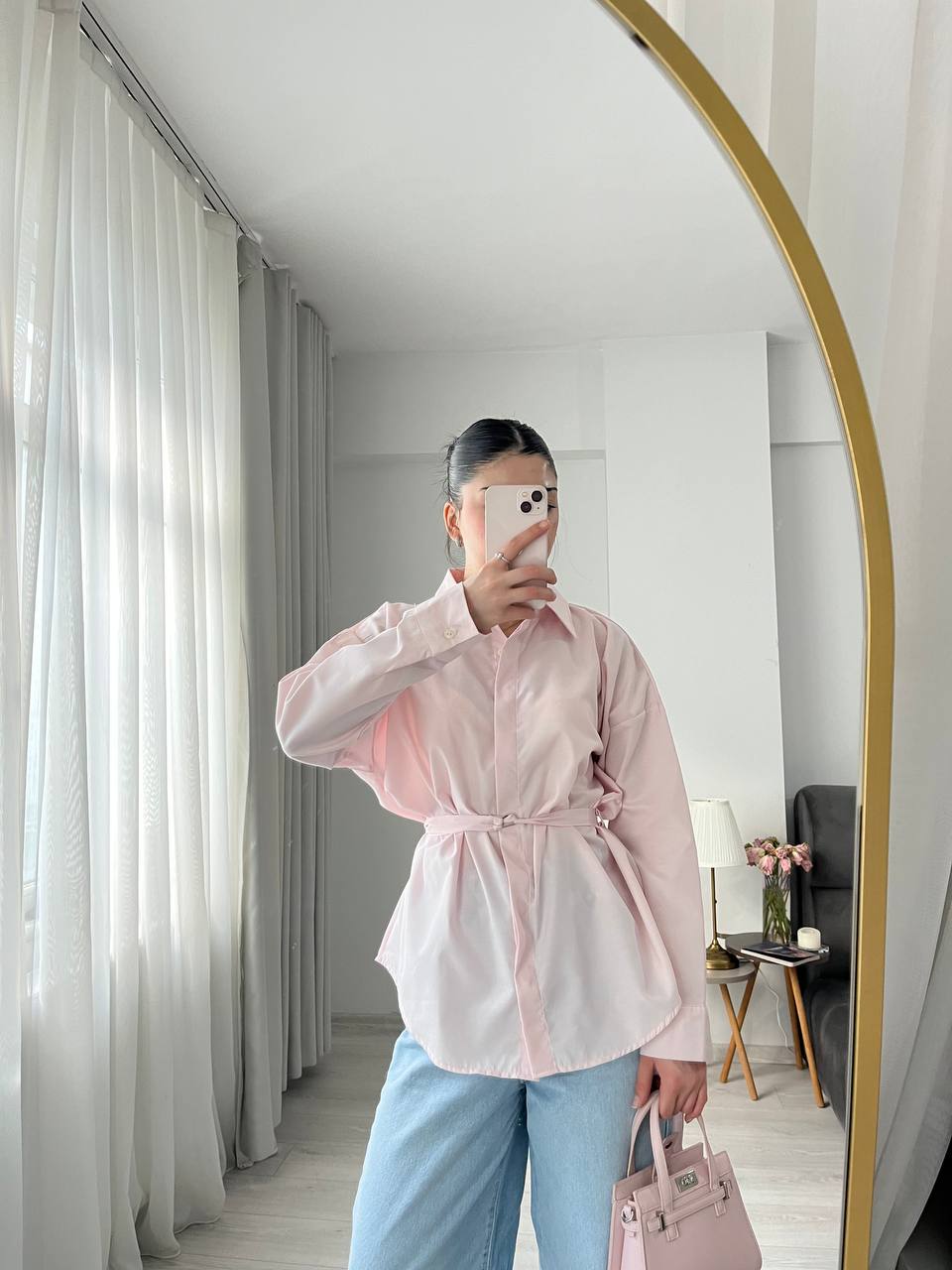 Dusty pink belt Detailed oversized women shirt
