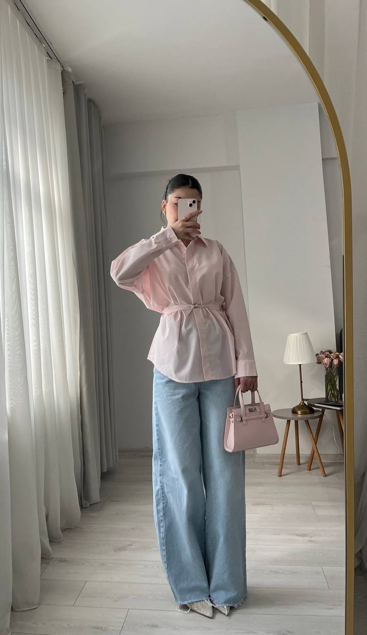 Dusty pink belt Detailed oversized women shirt