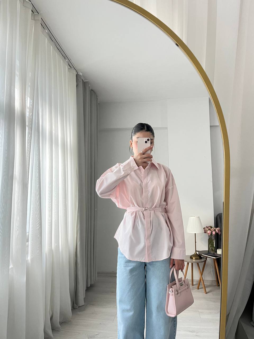 Dusty pink belt Detailed oversized women shirt