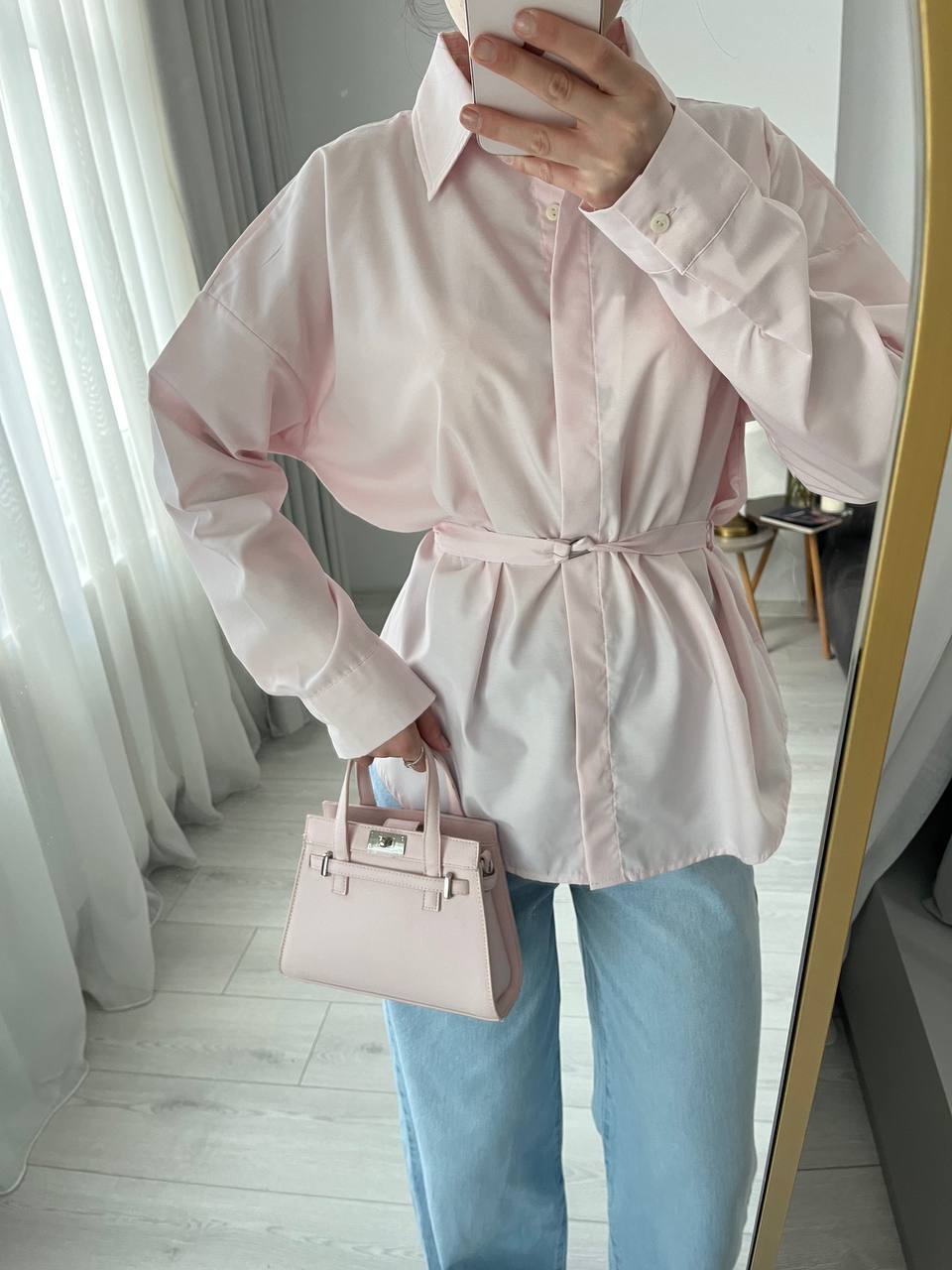 Dusty pink belt Detailed oversized women shirt