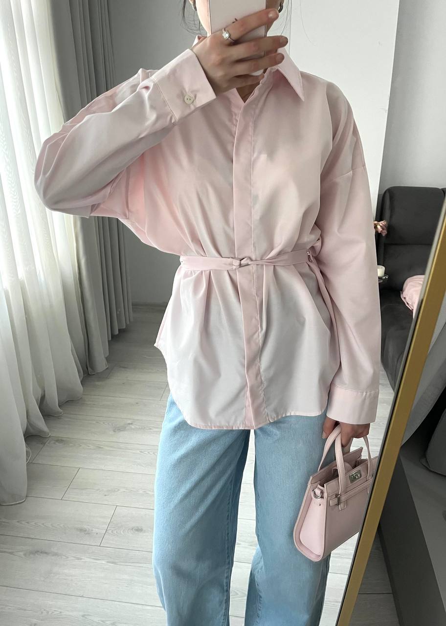 Dusty pink belt Detailed oversized women shirt