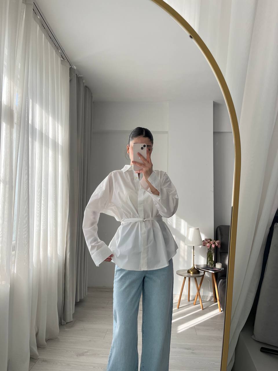 White belt Detailed oversized women shirt