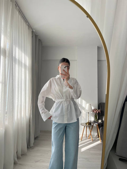 White belt Detailed oversized women shirt