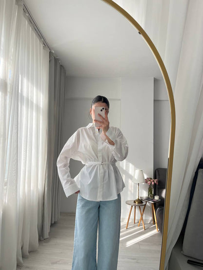 White belt Detailed oversized women shirt