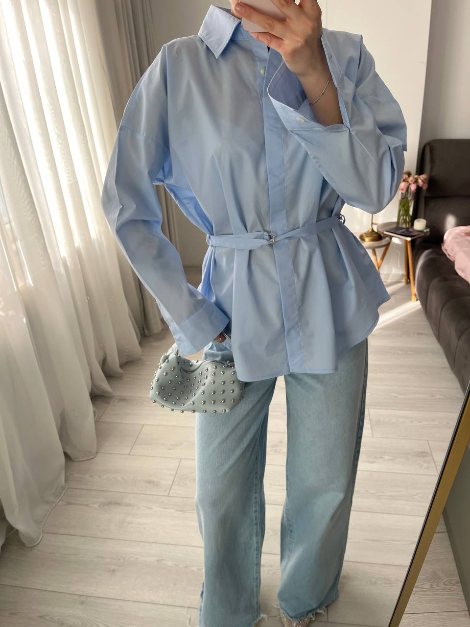 Blue belt Detailed oversized women shirt