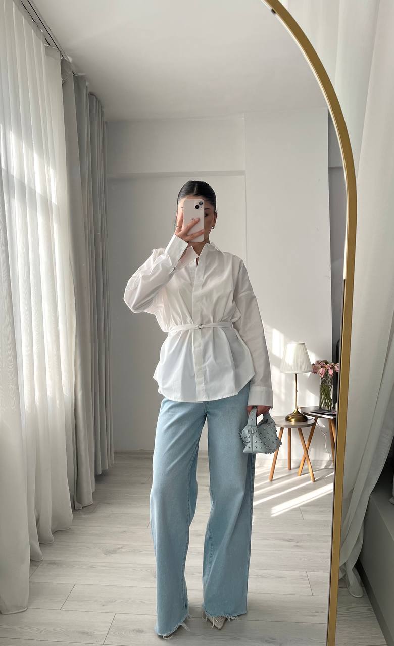 White belt Detailed oversized women shirt
