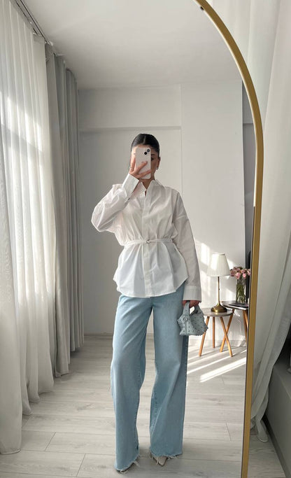 White belt Detailed oversized women shirt