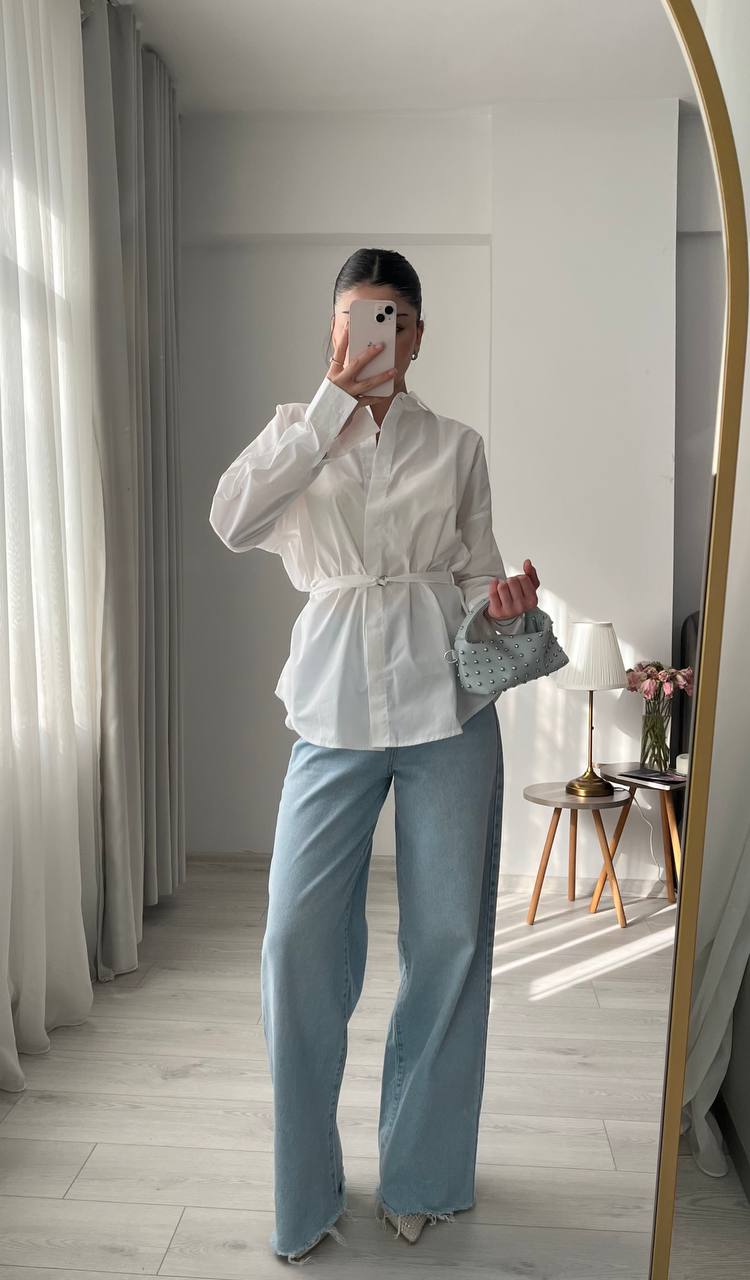 White belt Detailed oversized women shirt