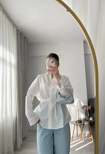 White belt Detailed oversized women shirt