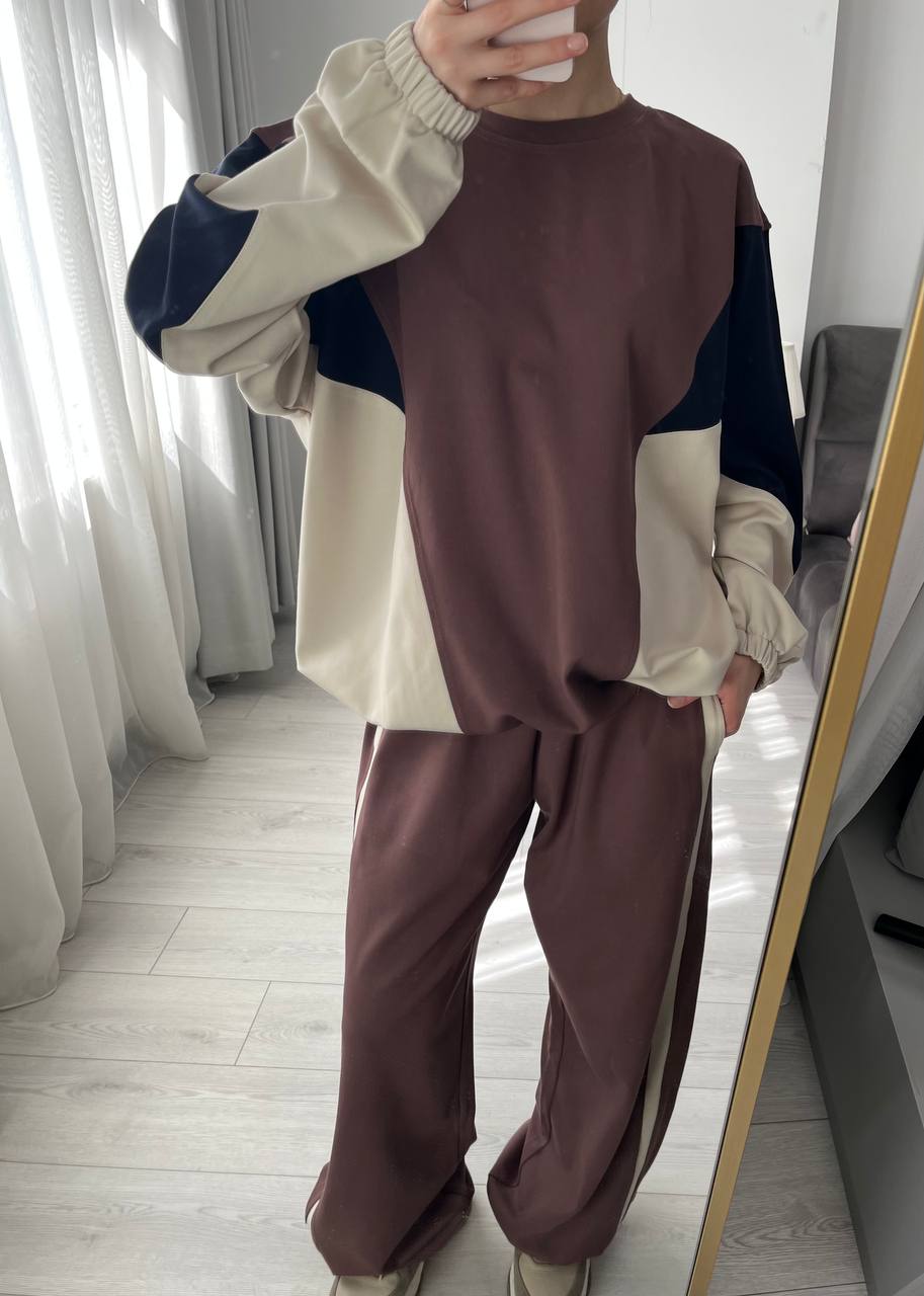 Premium quality contrast Color Block Sweatshirt & Wide-Leg Pants tracksuit - brown