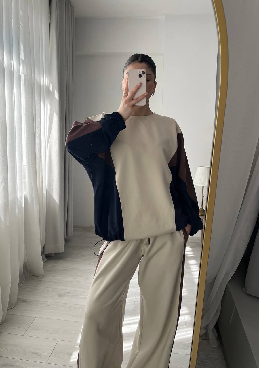 Premium quality contrast Color Block Sweatshirt & Wide-Leg Pants tracksuit - beige