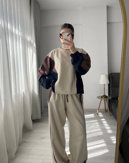Premium quality contrast Color Block Sweatshirt & Wide-Leg Pants tracksuit - beige