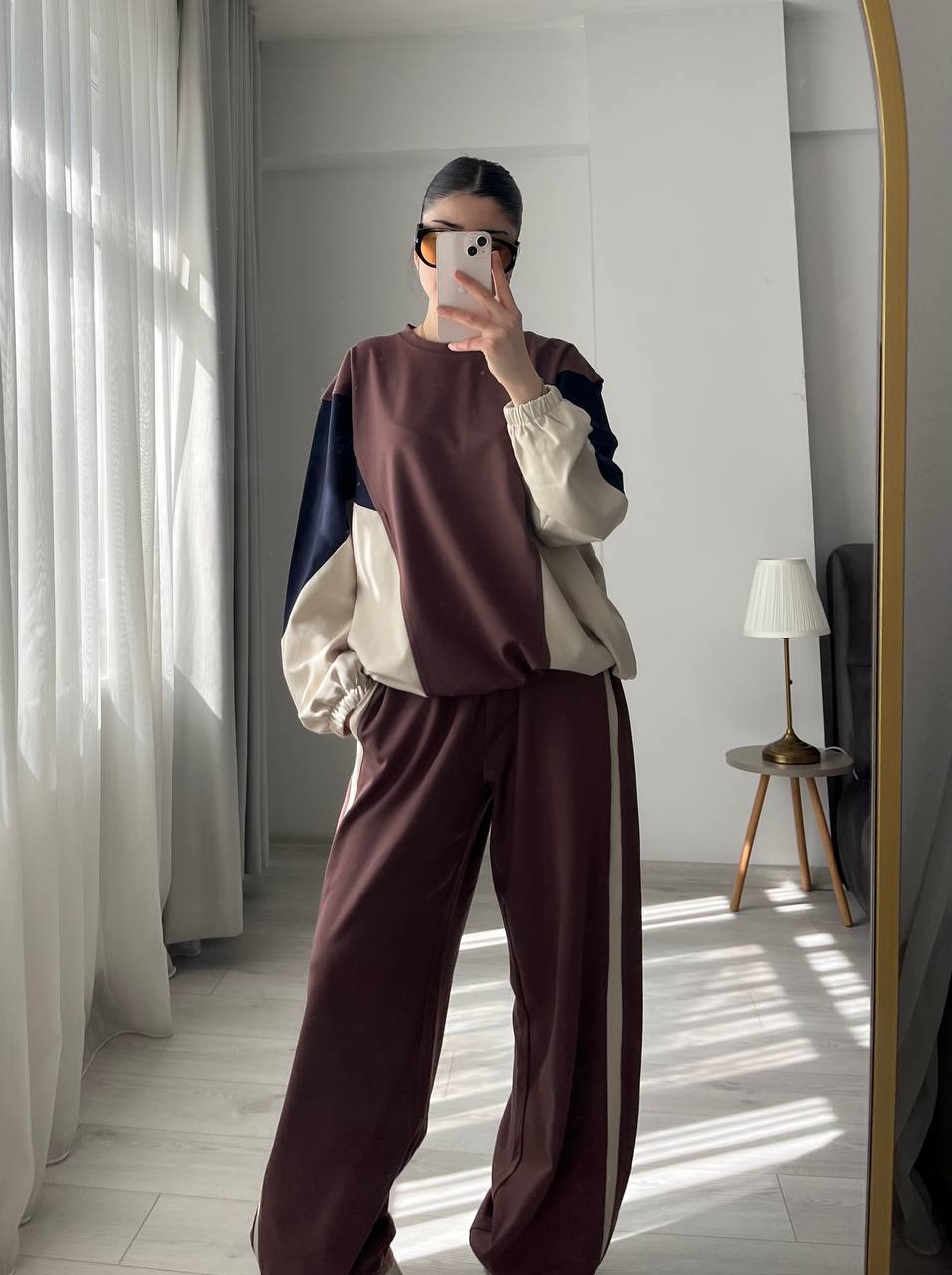 Premium quality contrast Color Block Sweatshirt & Wide-Leg Pants tracksuit - brown