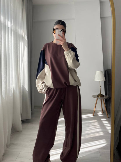 Premium quality contrast Color Block Sweatshirt & Wide-Leg Pants tracksuit - brown