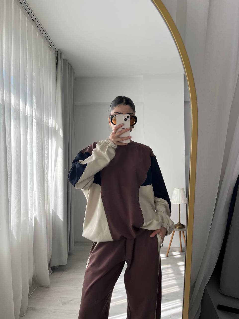 Premium quality contrast Color Block Sweatshirt & Wide-Leg Pants tracksuit - brown