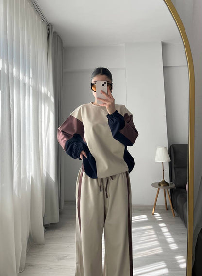 Premium quality contrast Color Block Sweatshirt & Wide-Leg Pants tracksuit - beige