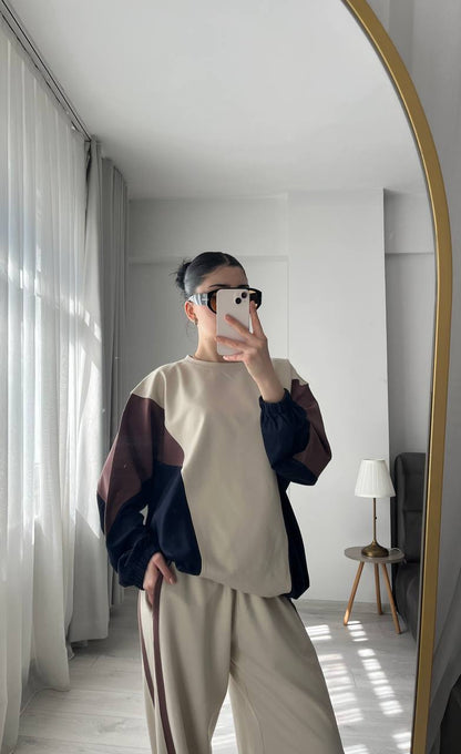 Premium quality contrast Color Block Sweatshirt & Wide-Leg Pants tracksuit - beige