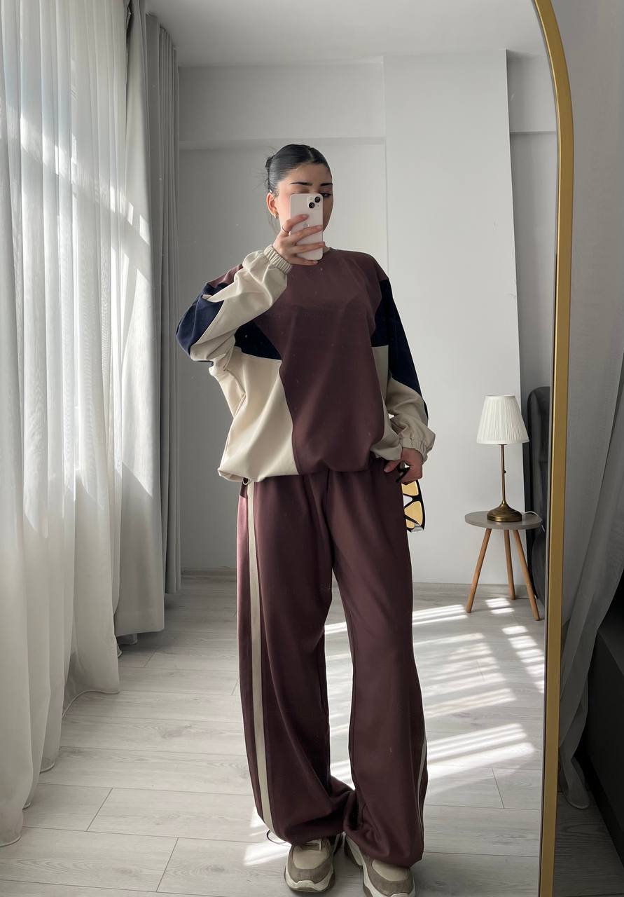 Premium quality contrast Color Block Sweatshirt & Wide-Leg Pants tracksuit - brown
