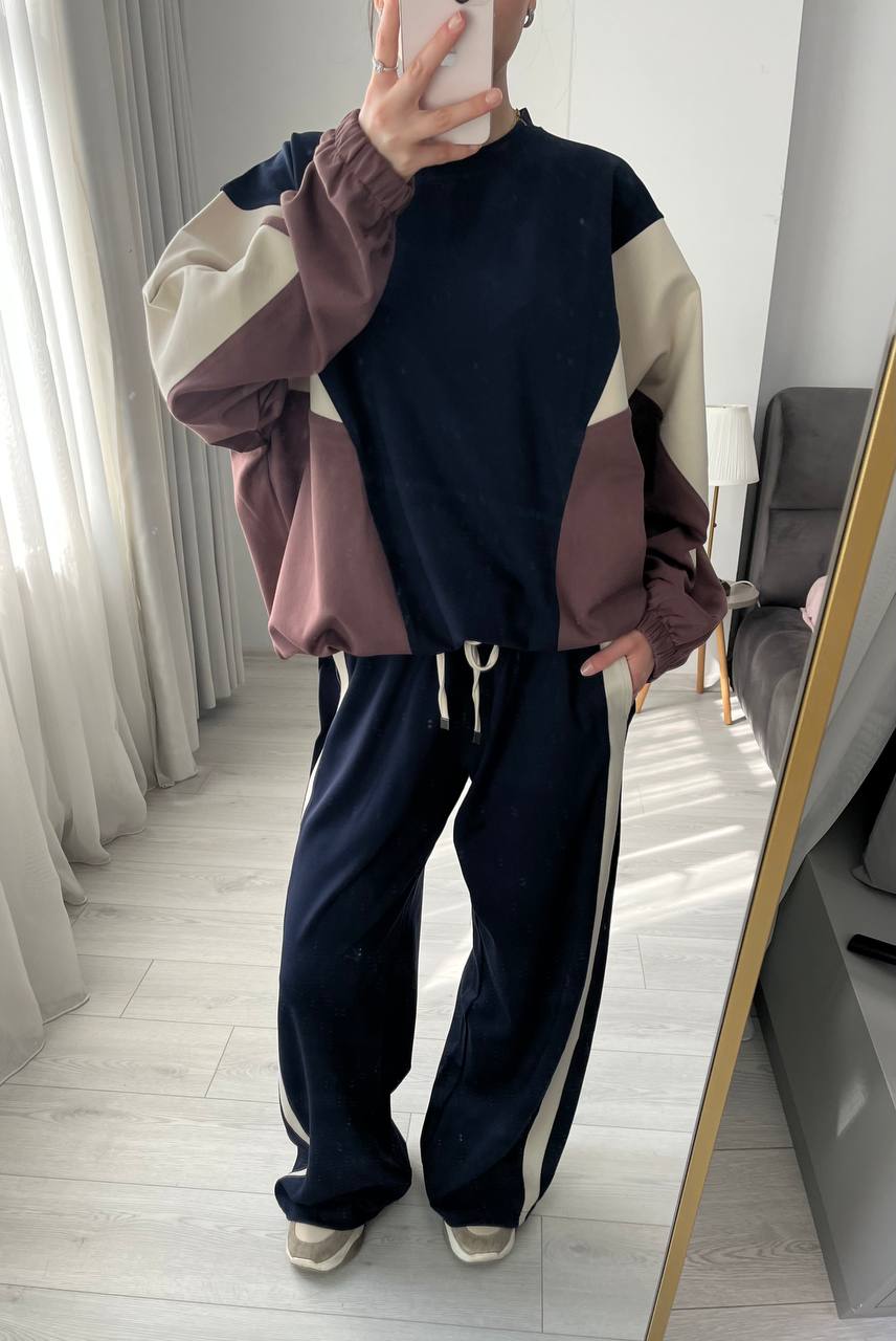 Premium quality contrast Color Block Sweatshirt & Wide-Leg Pants tracksuit - navy blue
