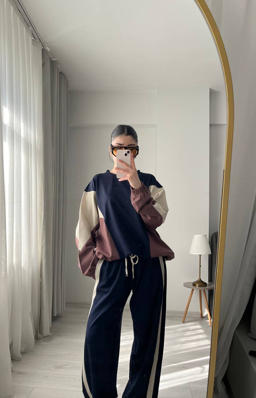 Premium quality contrast Color Block Sweatshirt & Wide-Leg Pants tracksuit - navy blue