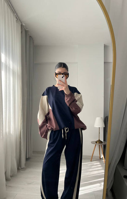 Premium quality contrast Color Block Sweatshirt & Wide-Leg Pants tracksuit - navy blue