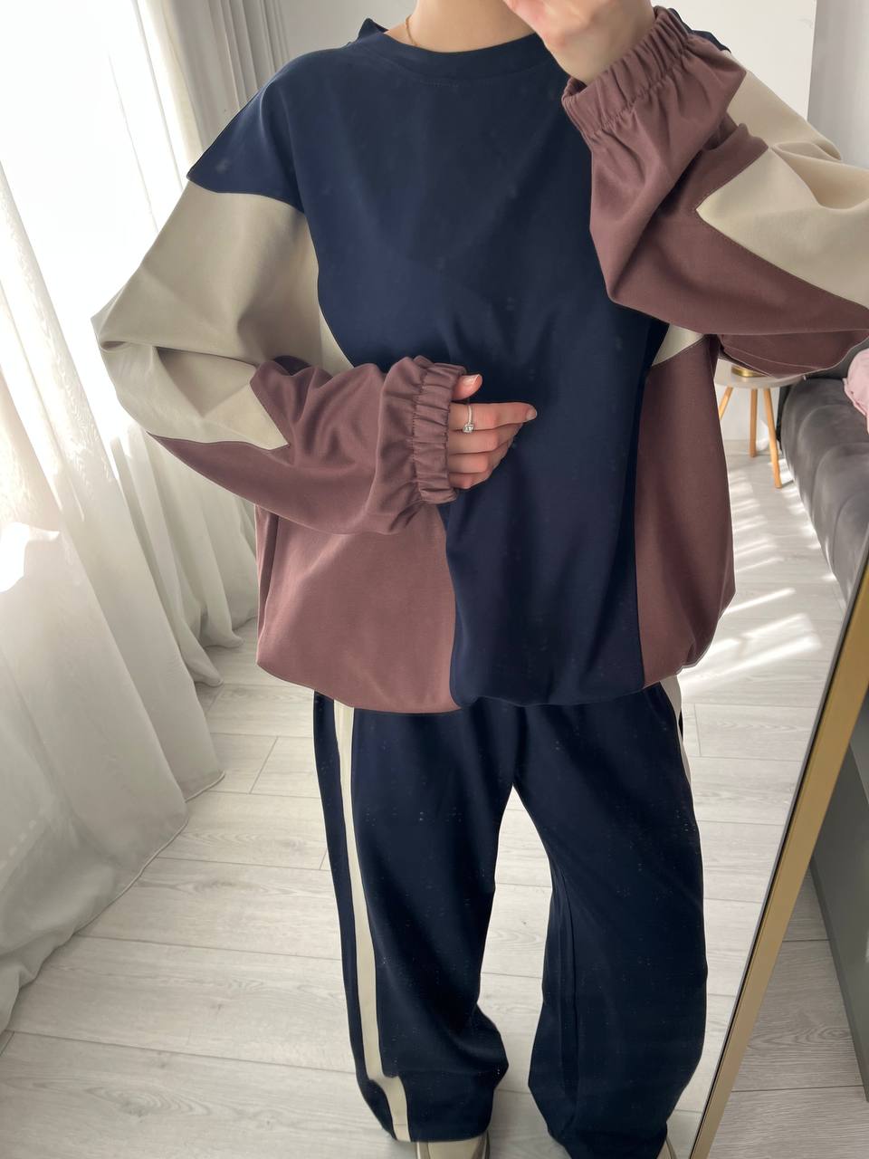 Premium quality contrast Color Block Sweatshirt & Wide-Leg Pants tracksuit - navy blue