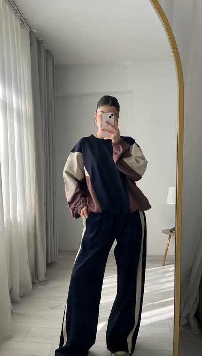 Premium quality contrast Color Block Sweatshirt & Wide-Leg Pants tracksuit - navy blue