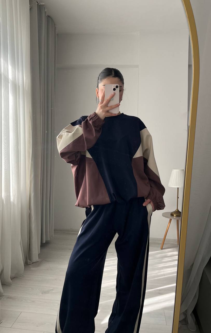 Premium quality contrast Color Block Sweatshirt & Wide-Leg Pants tracksuit - navy blue