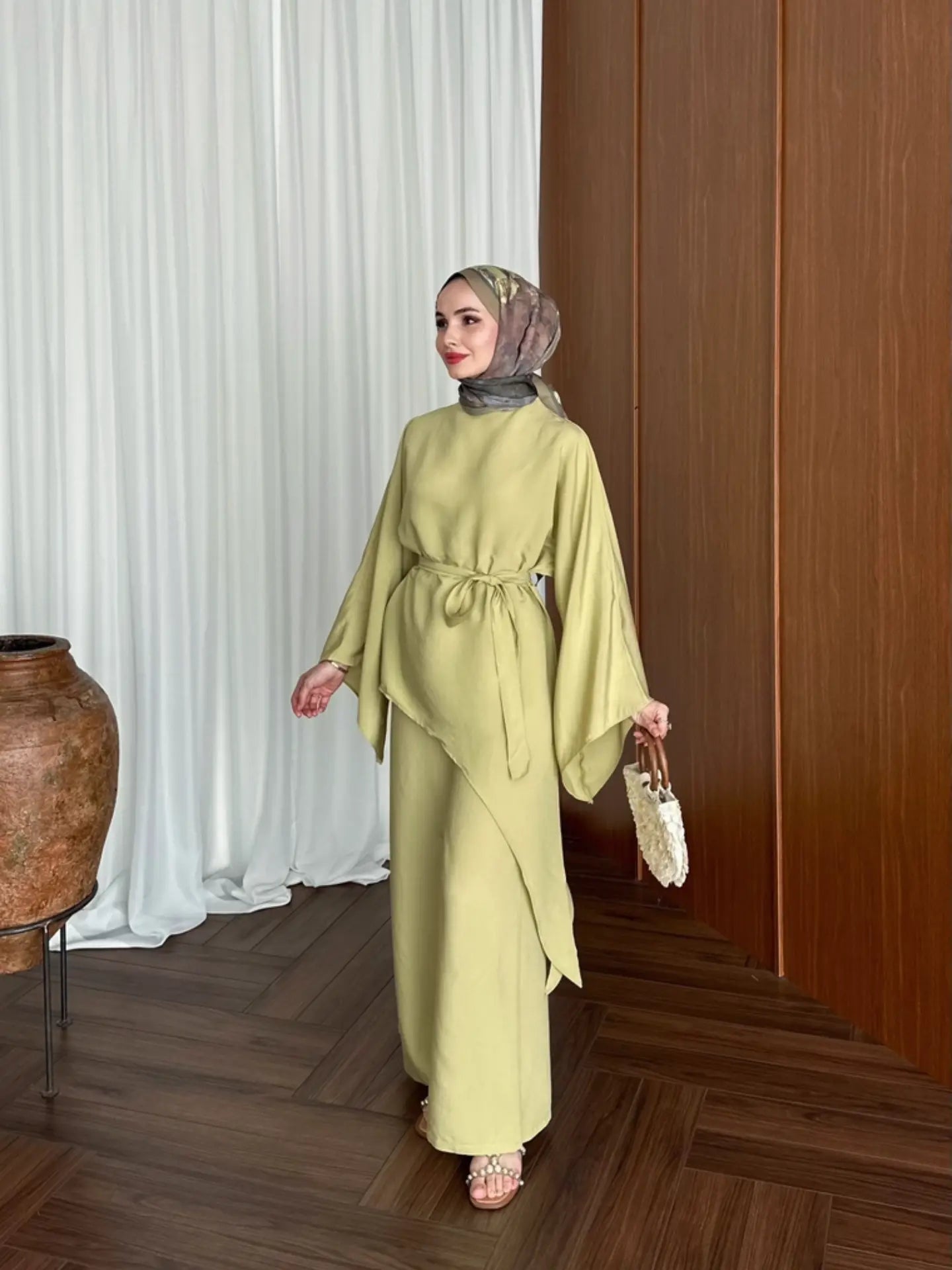 Asymmetric wide sleeve belted top ,waistband wide leg Set - kiwi  GREEN