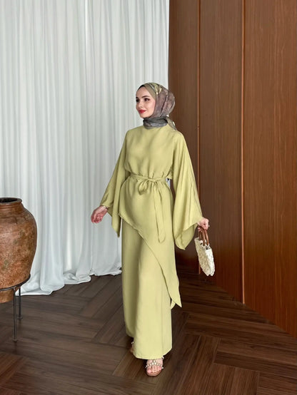 Asymmetric wide sleeve belted top ,waistband wide leg Set - kiwi  GREEN