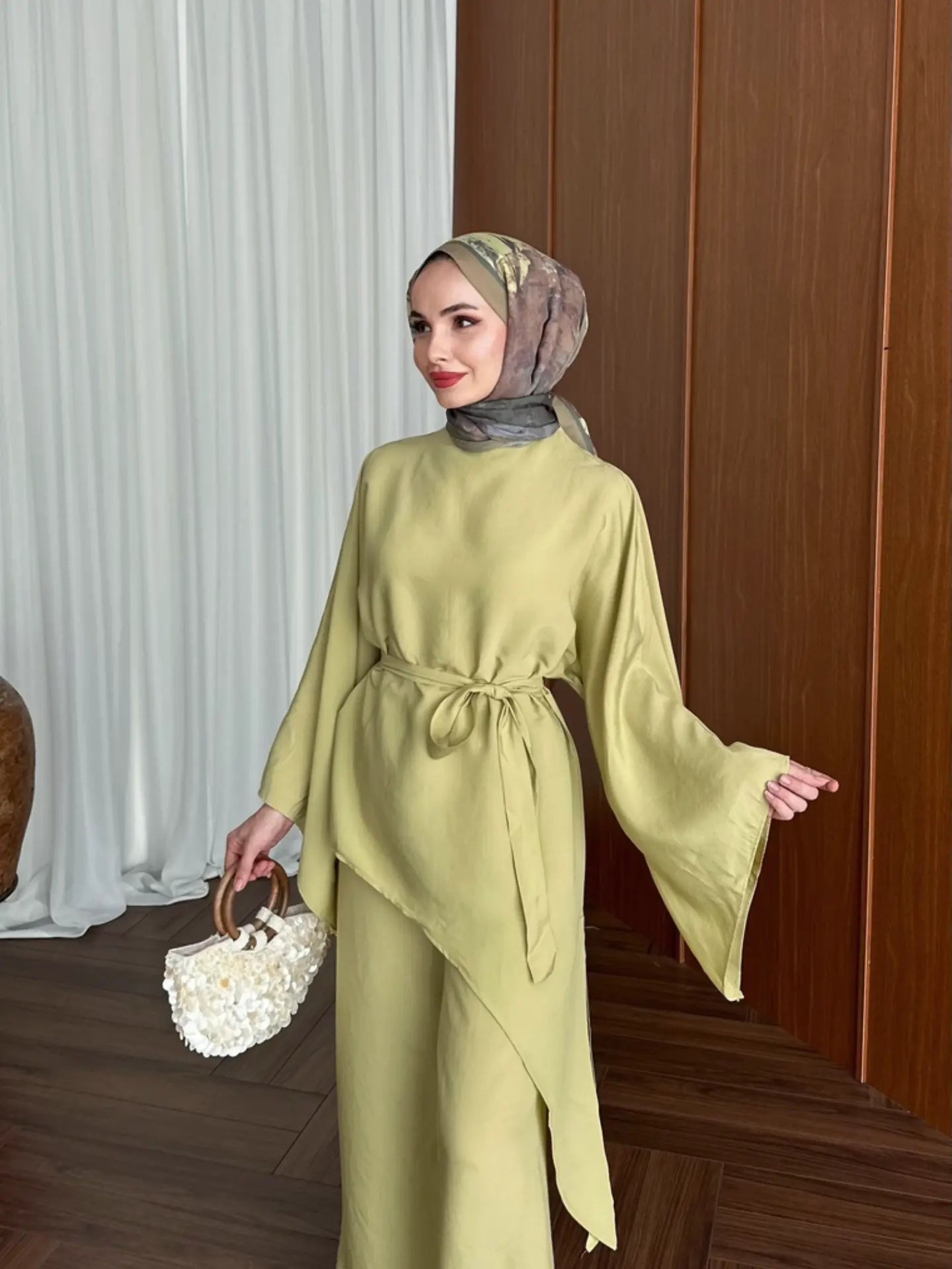 Asymmetric wide sleeve belted top ,waistband wide leg Set - kiwi  GREEN
