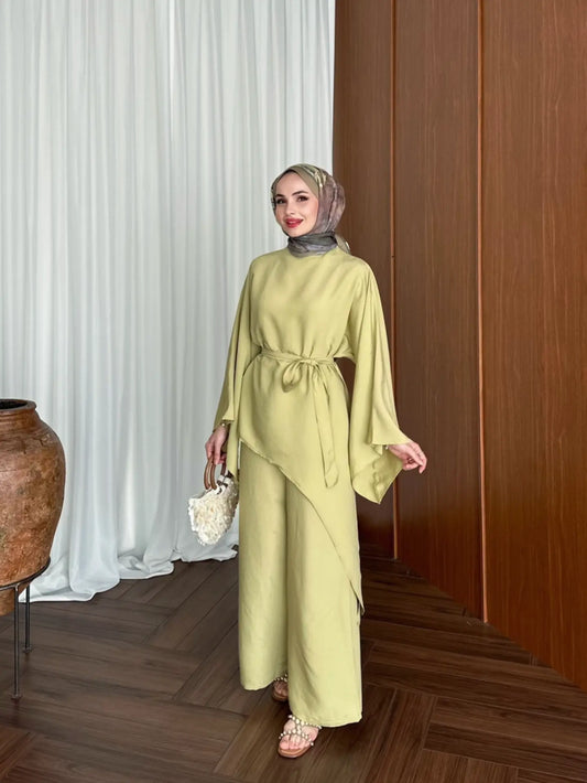 Asymmetric wide sleeve belted top ,waistband wide leg Set - kiwi  GREEN