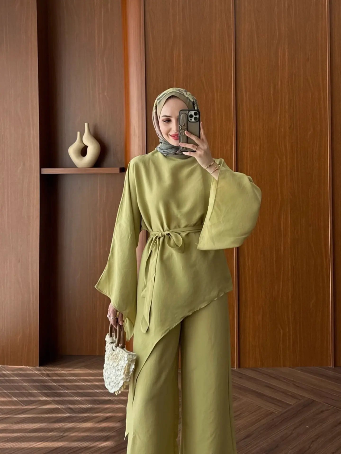 Asymmetric wide sleeve belted top ,waistband wide leg Set - kiwi  GREEN
