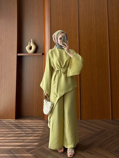 Asymmetric wide sleeve belted top ,waistband wide leg Set - kiwi  GREEN