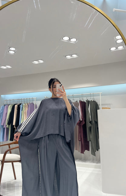 Oversized High-Low Top & Wide-Leg Pants Co-Ord Set - dark grey