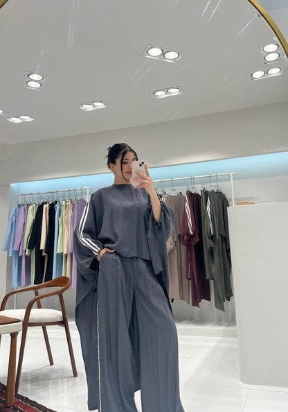 Oversized High-Low Top & Wide-Leg Pants Co-Ord Set - dark grey