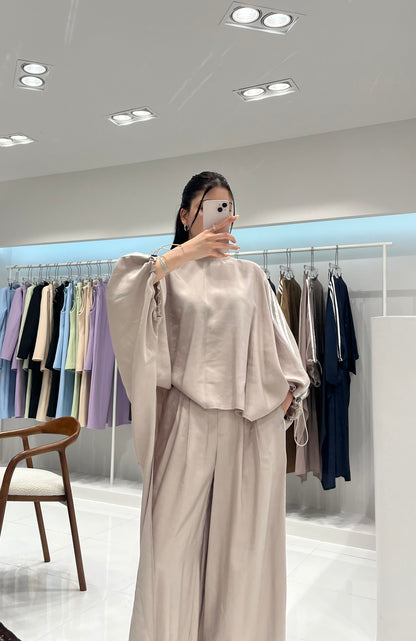 Oversized High-Low Top & Wide-Leg Pants Co-Ord Set - beige
